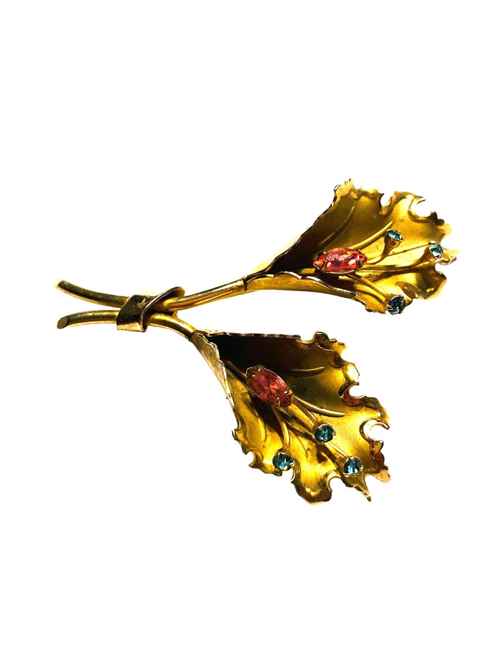 Vintage mid century brooch goldtone fronds pink & blue rhinestones romantic chic